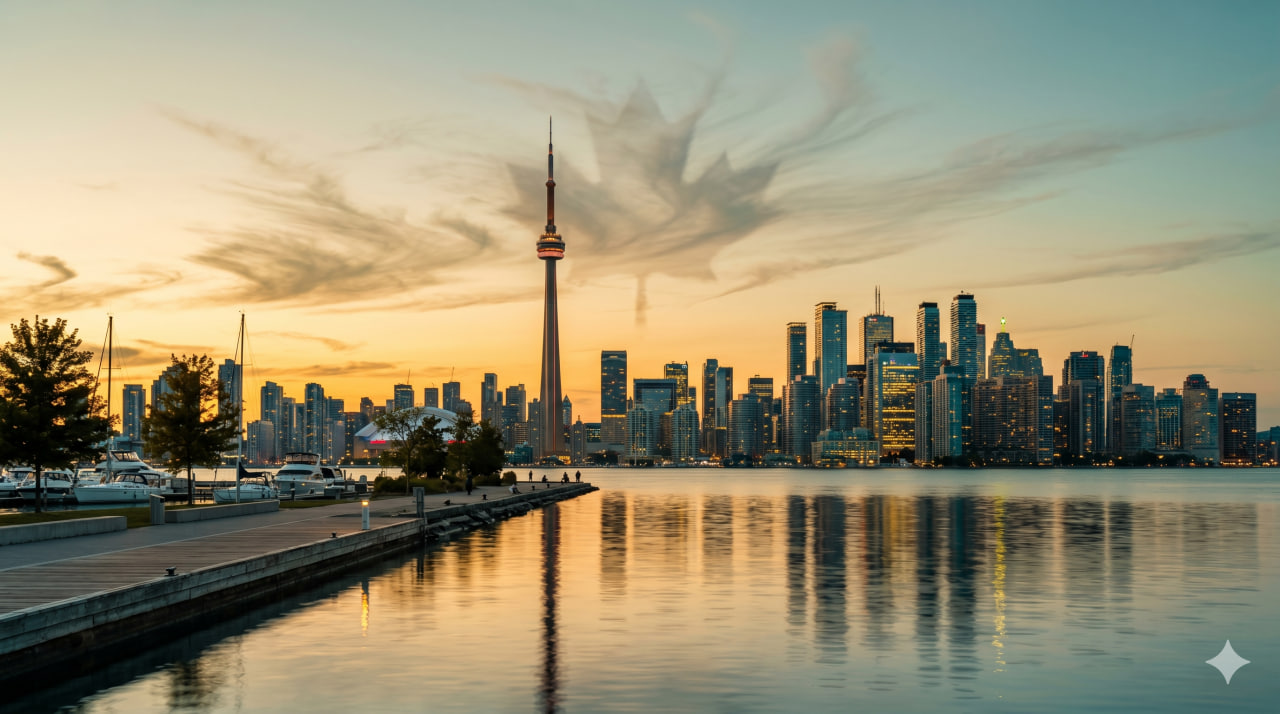 A cinematic wide shot of the Toronto skyline at golden hour with the CN Tower