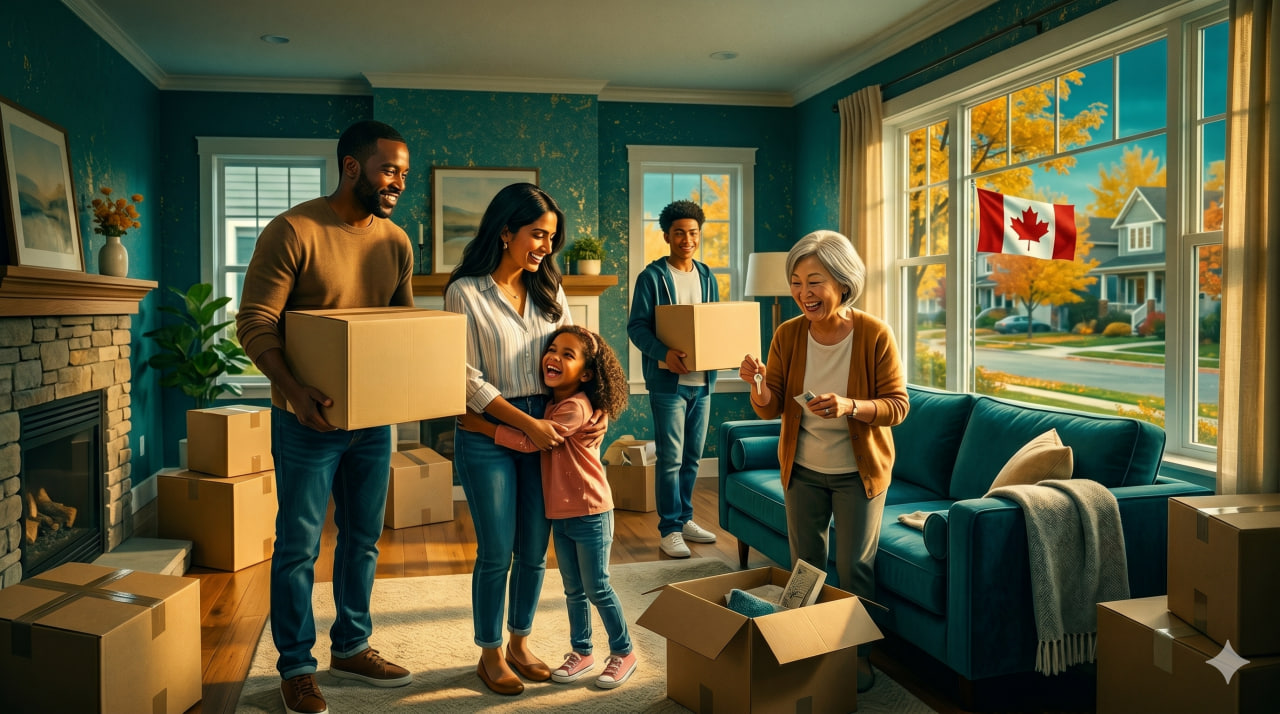 illustration of a diverse family settling into a Canadian home