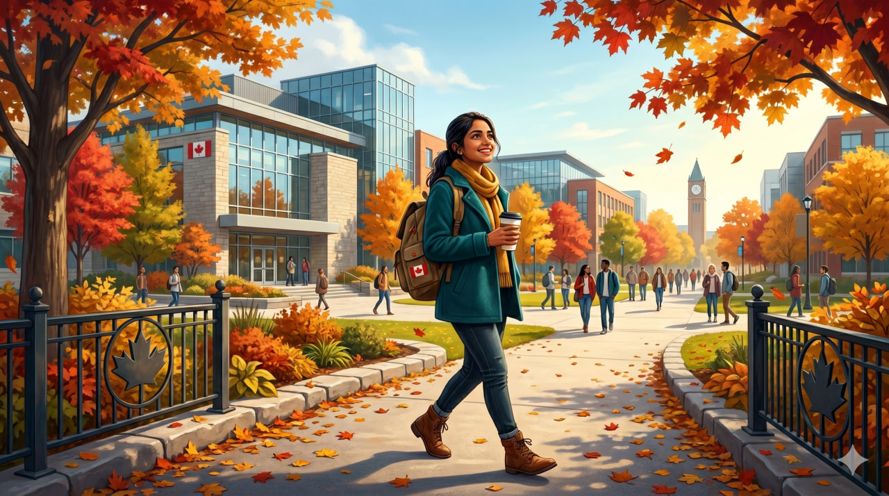 illustration of an international student on a Canadian university campus