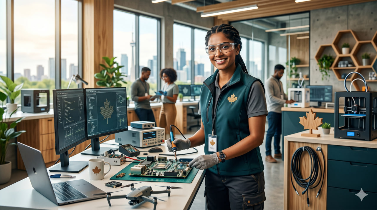 illustration of a diverse skilled worker on a modern Canadian worksite