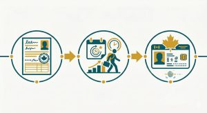 illustration of a path: work permit → one year of experience → permanent residence card