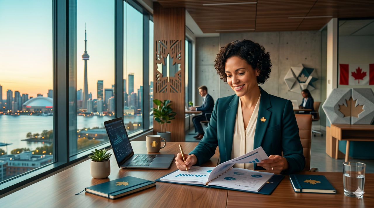 illustration of an entrepreneur reviewing a business plan in a modern Canadian office with a city skyline