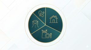 illustration of a household monthly budget split into segments (rent, food, transport, utilities)