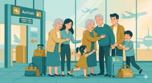  illustration of grandparents arriving and being greeted by family at an airport