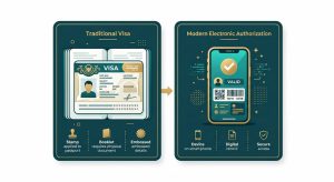 comparison graphic with two cards side by side, one a passport visa sticker and one a phone showing an electronic authorization