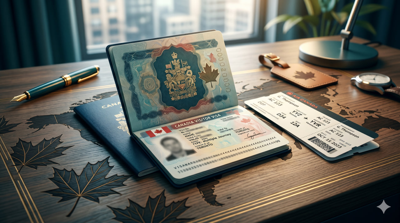a passport with a Canadian visa page and a boarding pass on a desk