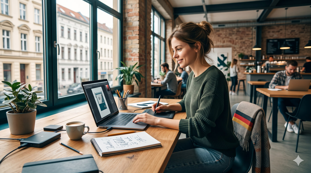 a freelancer working independently in a bright Berlin co-working space