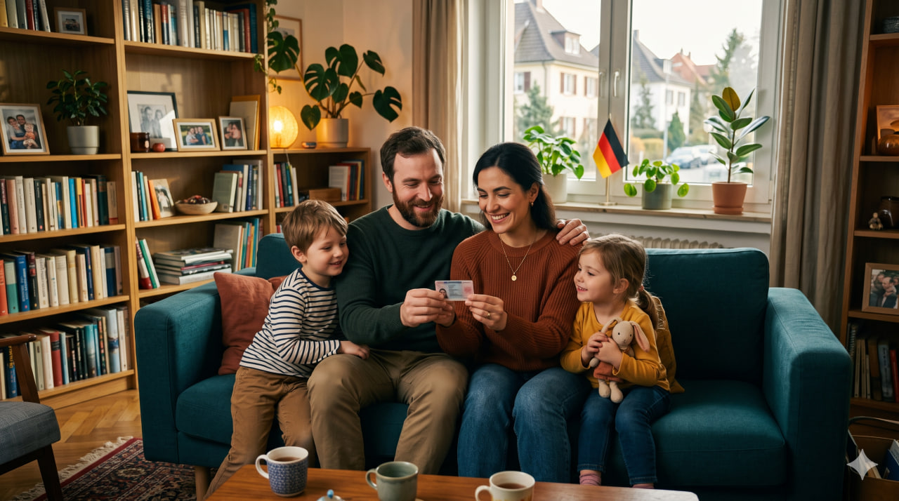 a settled family at home in Germany holding a residence card