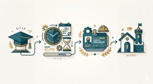 flat illustration of a path: graduation cap → 18-month job-search clock → blue work card → permanent residence