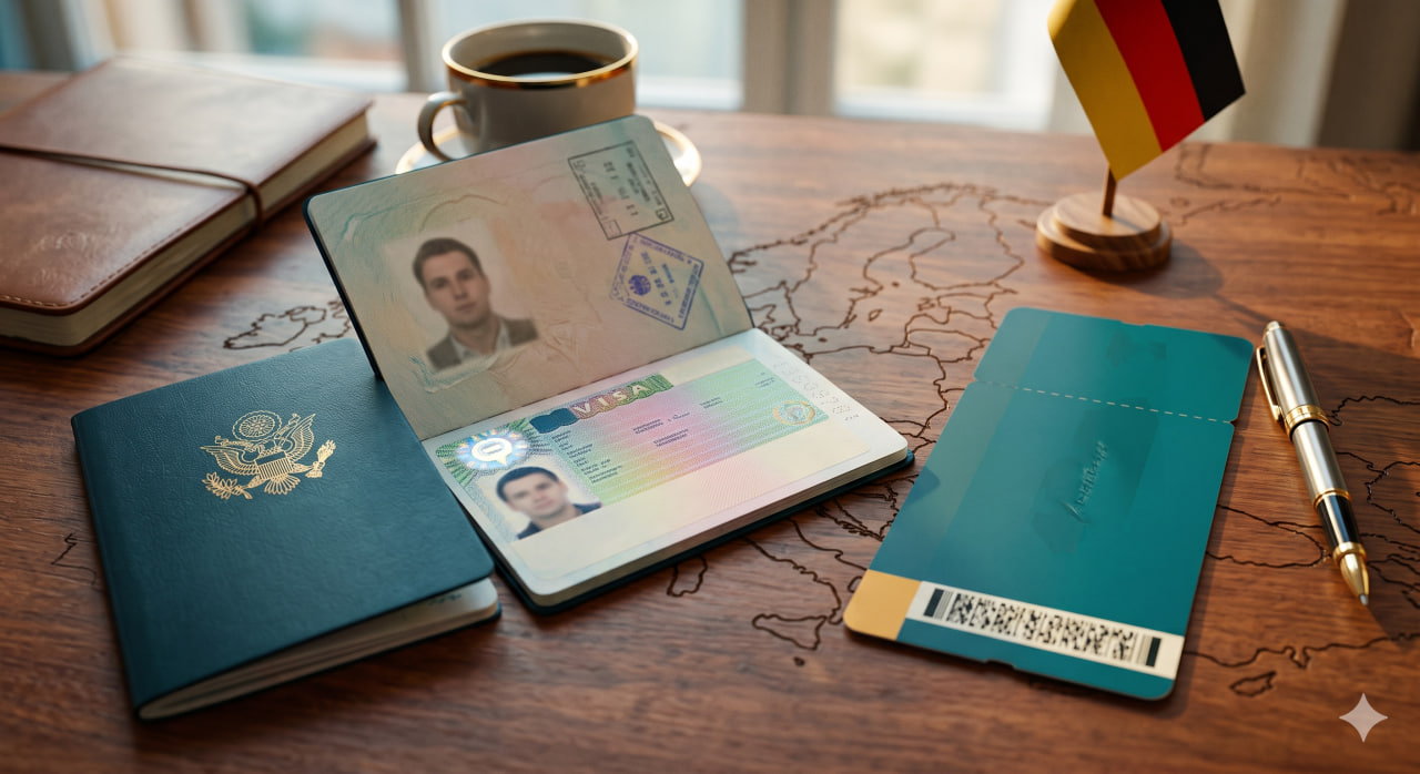 a passport with a Schengen visa sticker
