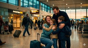 a family being reunited at an airport