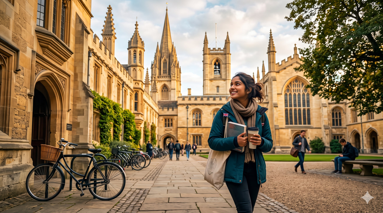 an international student on a historic UK university campus