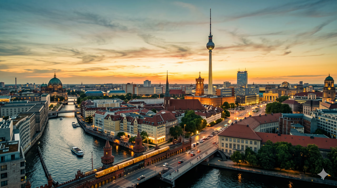 A cinematic wide shot of a German cityscape blending Berlin's modern skyline