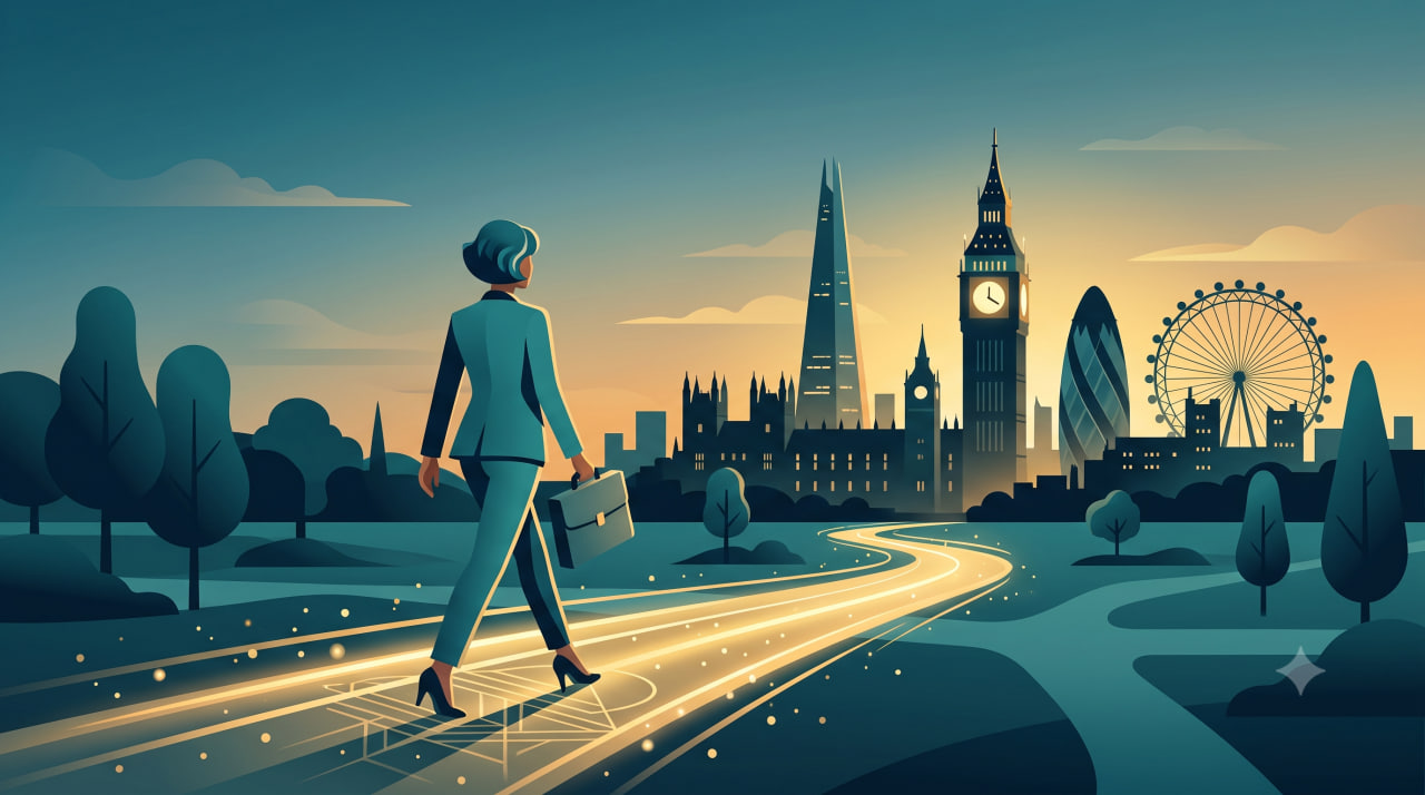 illustration of a confident professional walking toward a stylized London skyline