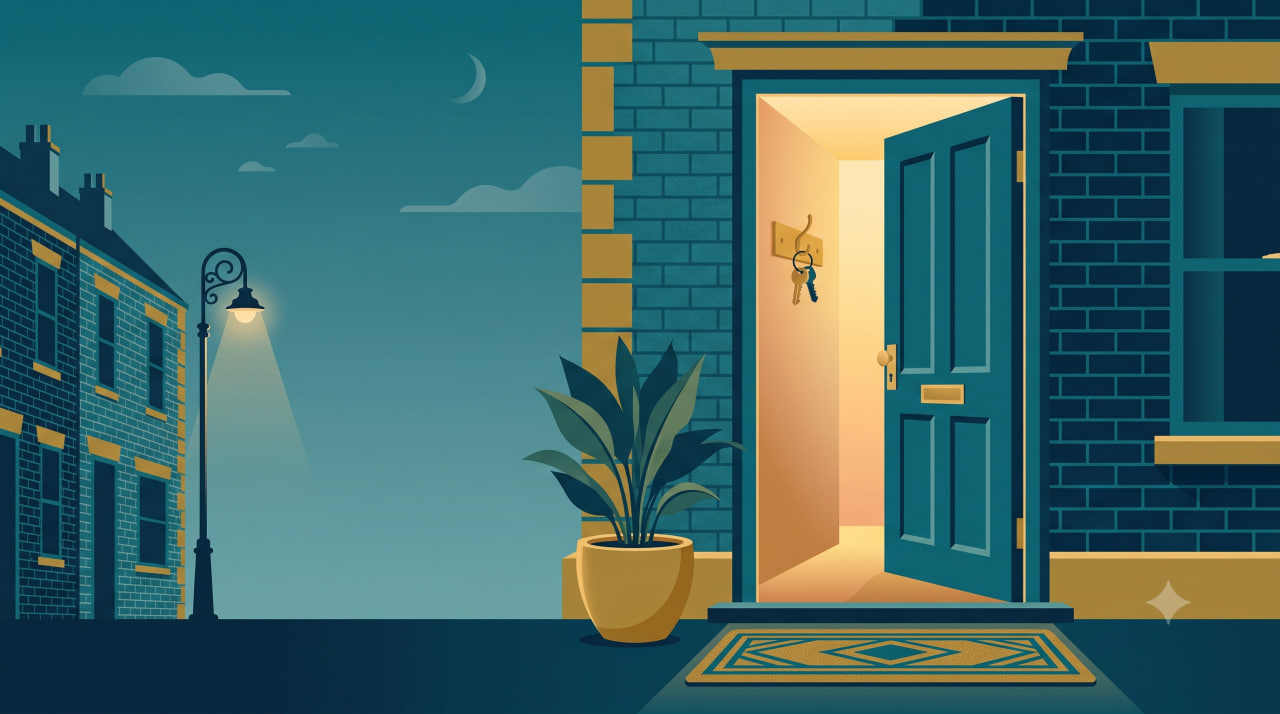 illustration of an open front door of a classic British terraced house