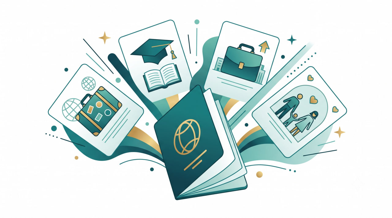 illustration of a passport fanning open into several stylized travel document cards