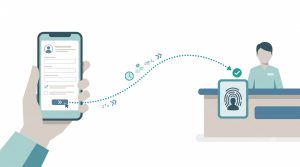 conceptual illustration of a smartphone showing an online form connected by a dotted teal line to a fingerprint