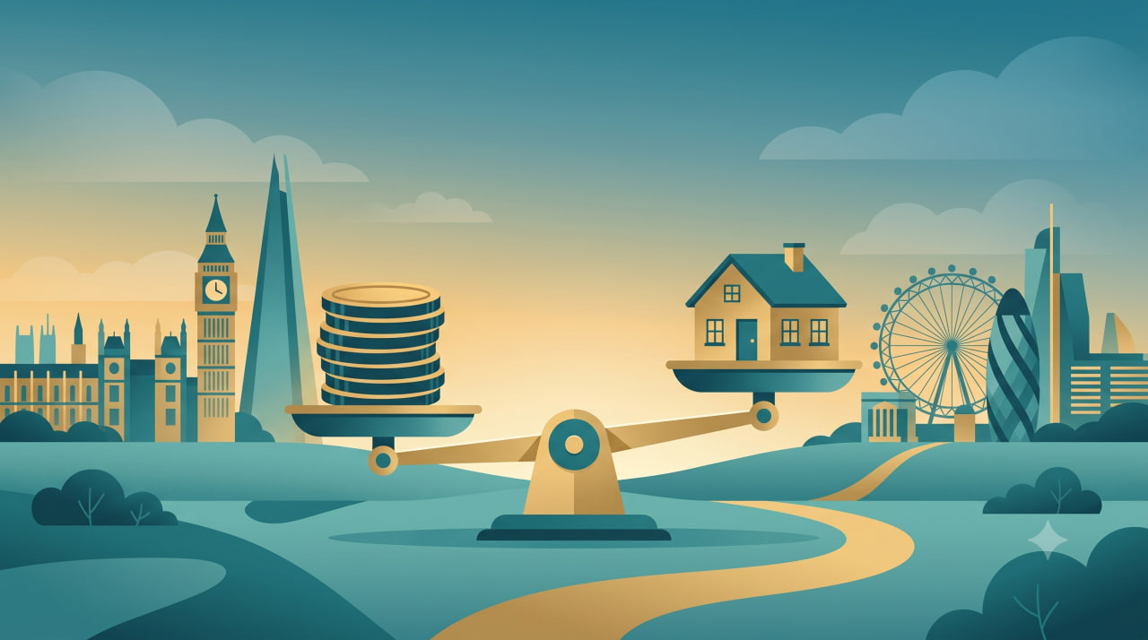 illustration of a coin stack and a small house figure balanced on a scale against a stylized UK