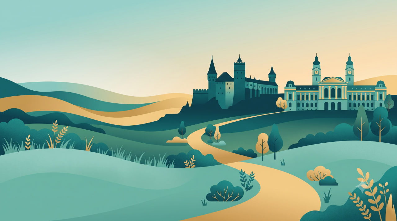 Editorial illustration of a stylized Romanian scene blending a historic Transylvanian castle silhouette