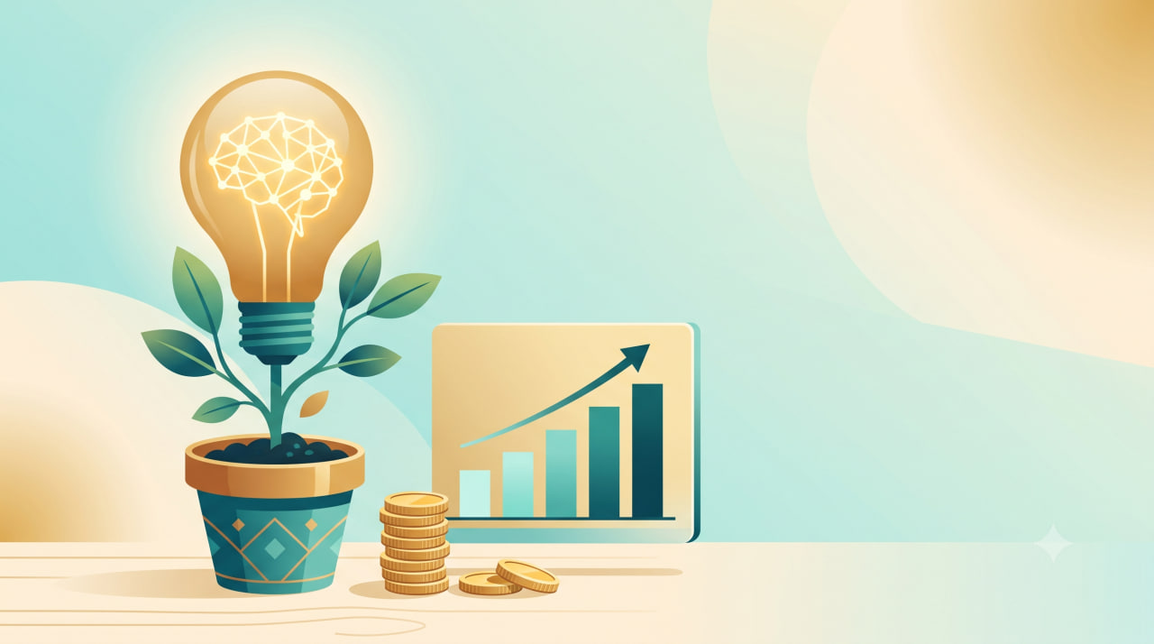 Editorial illustration of a lightbulb growing out of a small plant pot beside coins and a rising bar chart