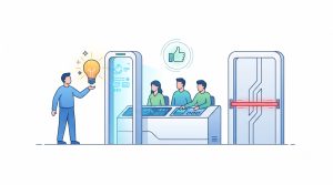 Clean conceptual illustration of a figure presenting a glowing idea to a panel/gateway that must approve