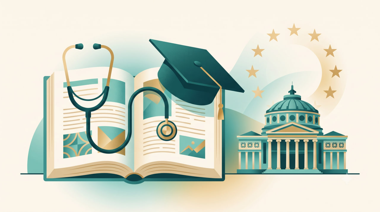 illustration of a stethoscope and graduation cap resting on an open book beside a stylized Romanian university building
