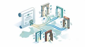 illustration of a medical diploma scroll with a glowing path branching outward to several abstract European doorways