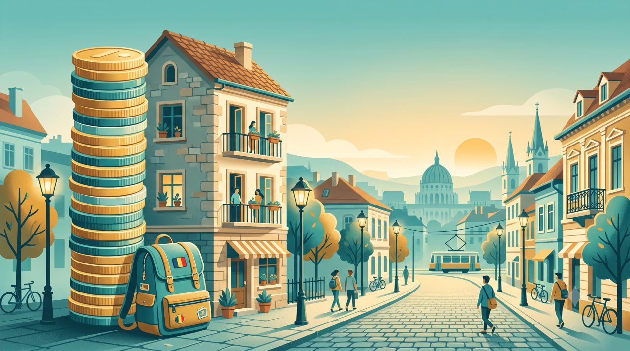 illustration of a coin stack beside a small apartment building and a student backpack, set against a stylized Romanian city street