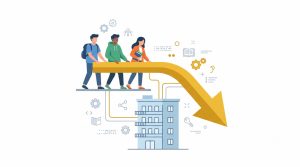  illustration of three small figures sharing one apartment icon with a downward gold cost arrow