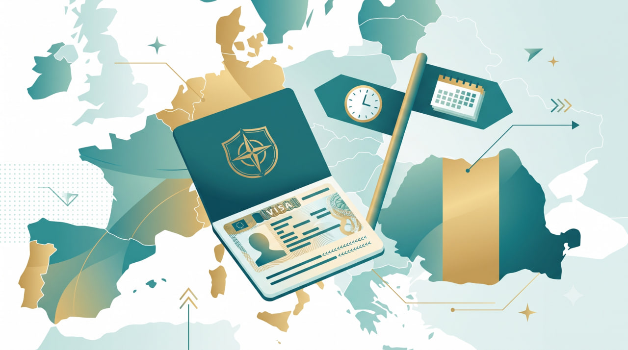 illustration of a passport with a visa sticker beside two diverging signposts