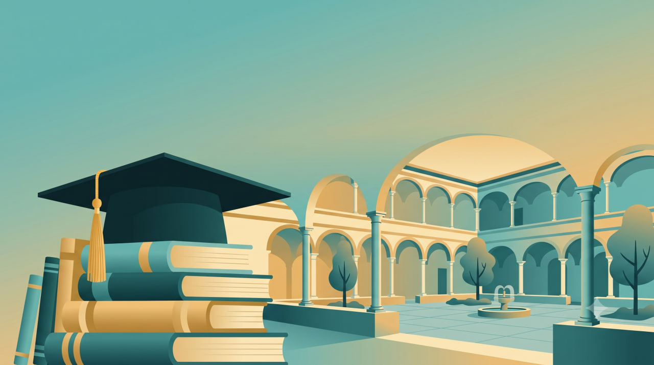 illustration of a graduation cap resting on a stack of books beside a stylized historic Italian university