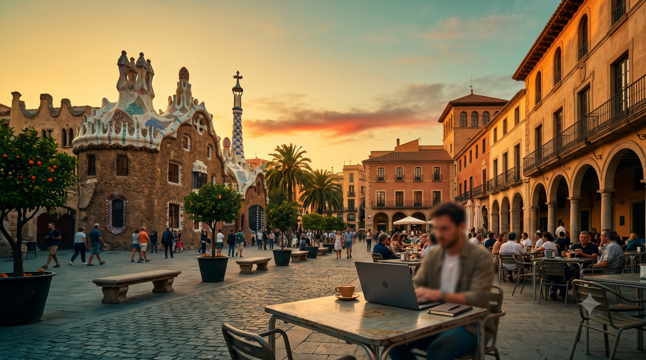 stylized Spanish scene blending Gaudí-style organic architecture, a sunny plaza, and a laptop on a cafe table