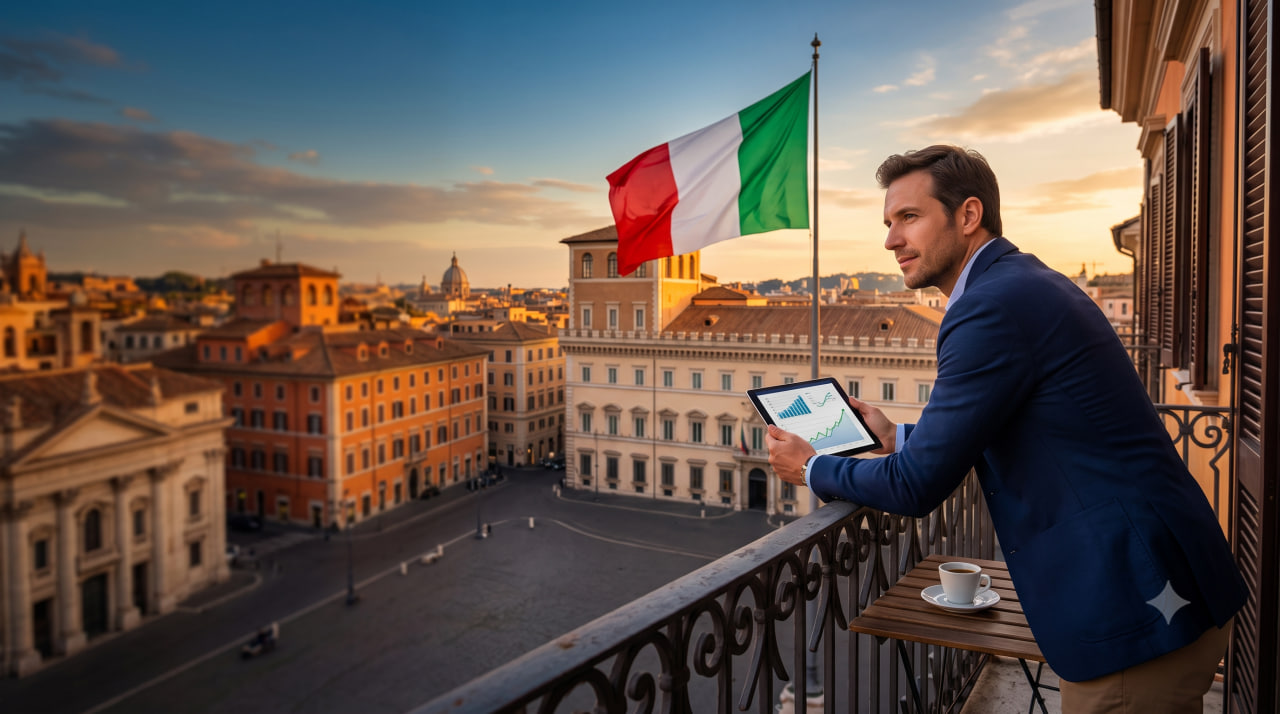 A man standing in a balcony in Italy thinking about investing
