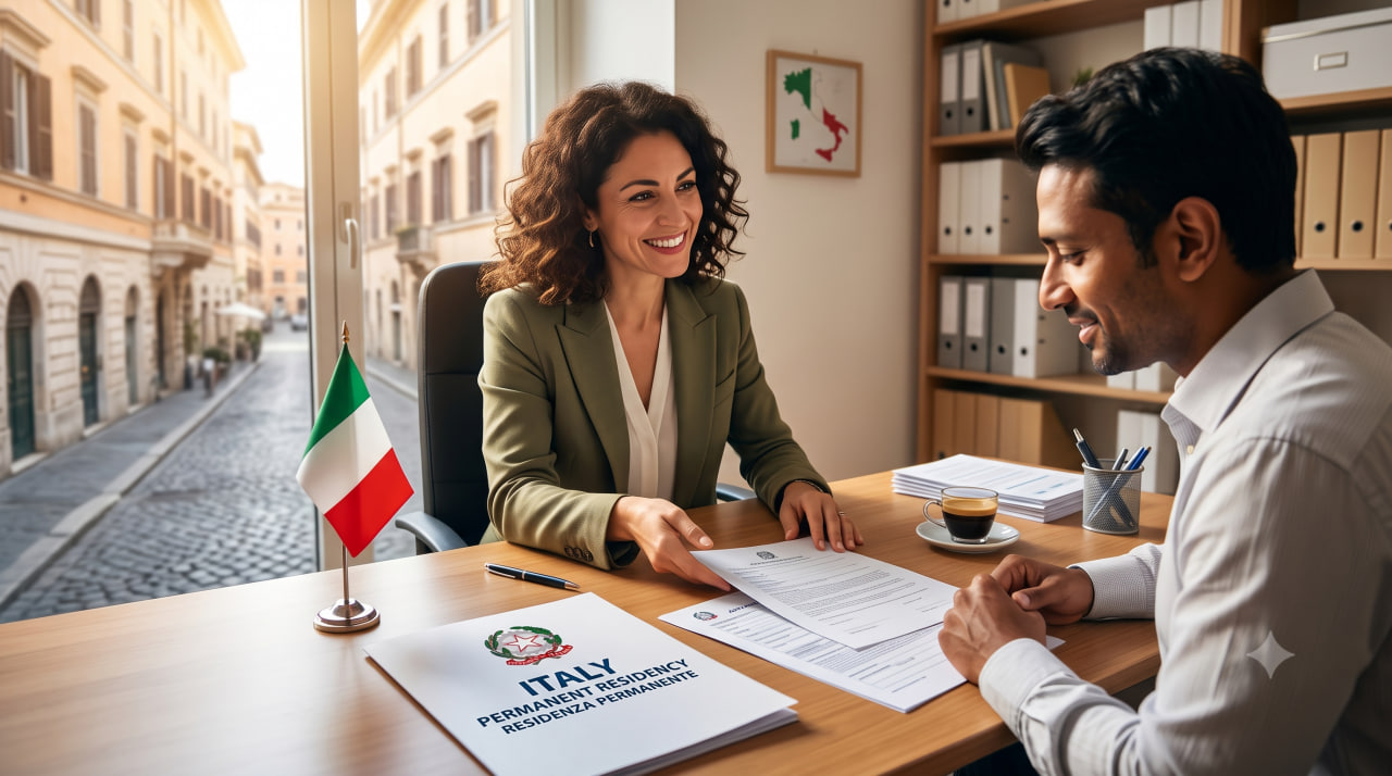 A man getting his permanent residency from Italian officer
