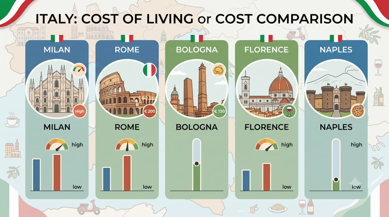 A infographic about different cities in italy
