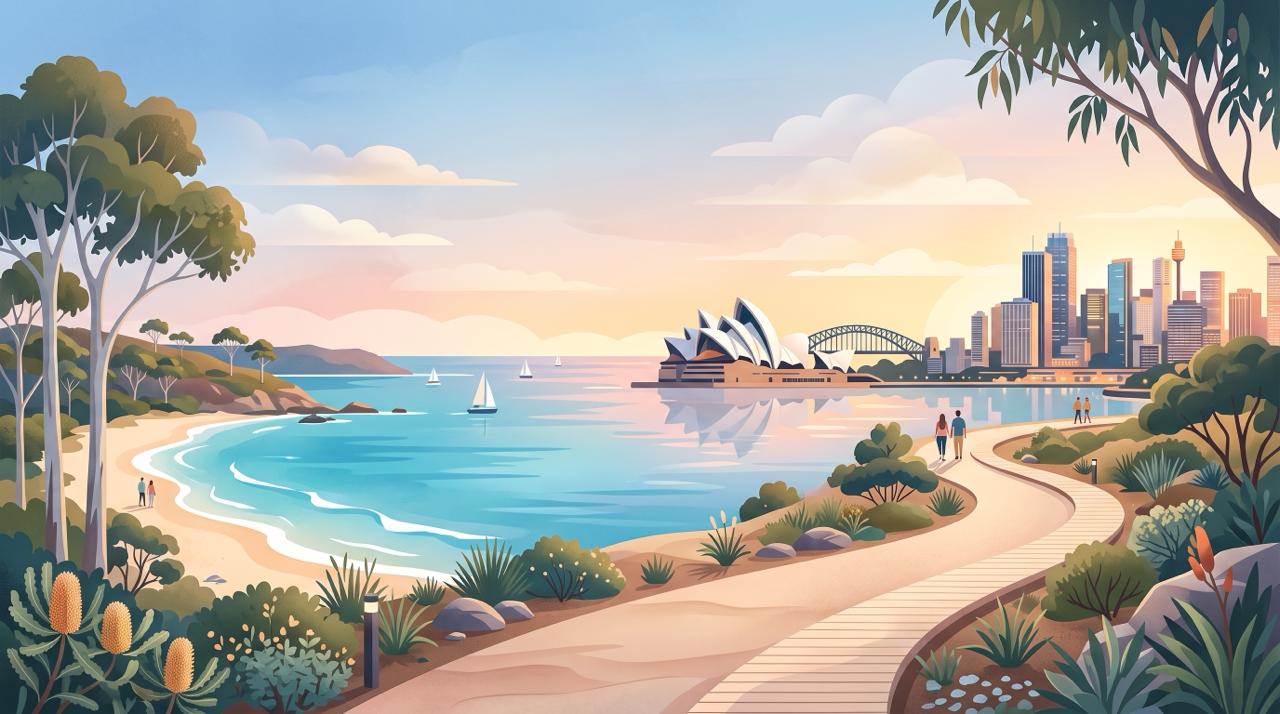 realistice depict of a stylized Australian scene blending the Sydney Opera House silhouette, a sunny coastline, and a modern city skyline