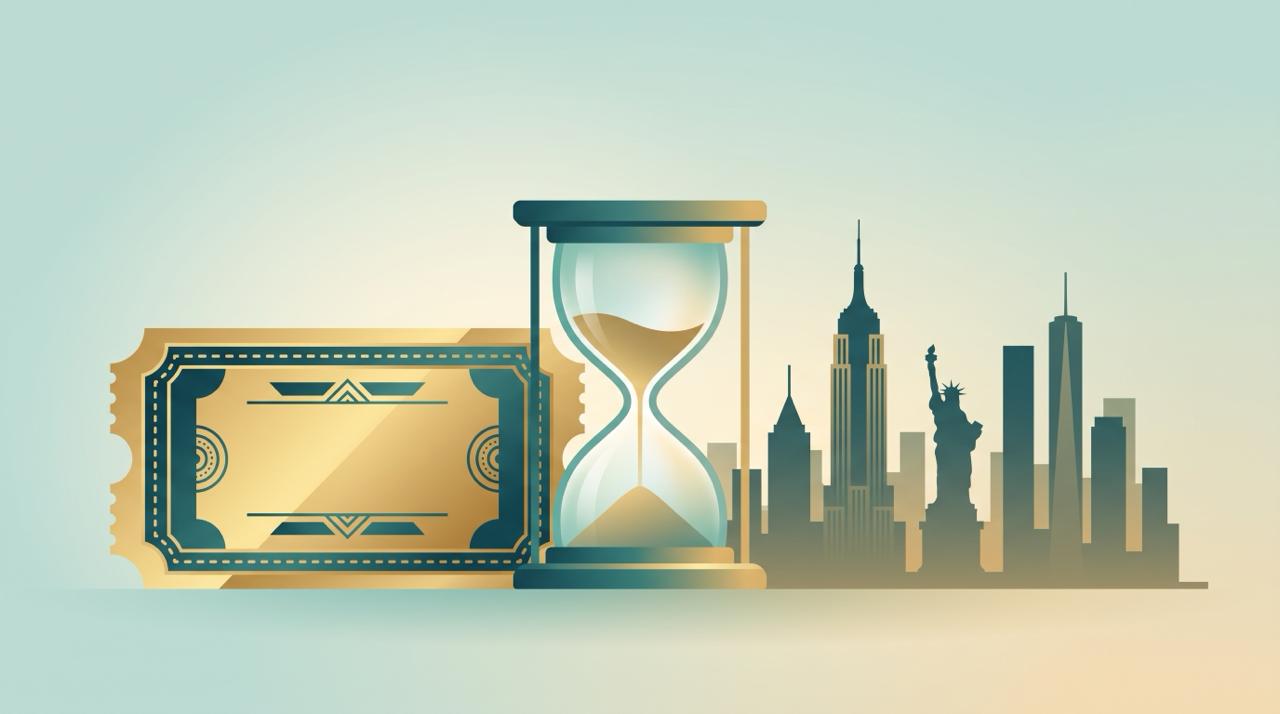 Editorial illustration of a stylized lottery ticket or golden ticket beside a paused/hourglass symbol and a subtle US skyline silhouette, conveying a chance that is currently on hold