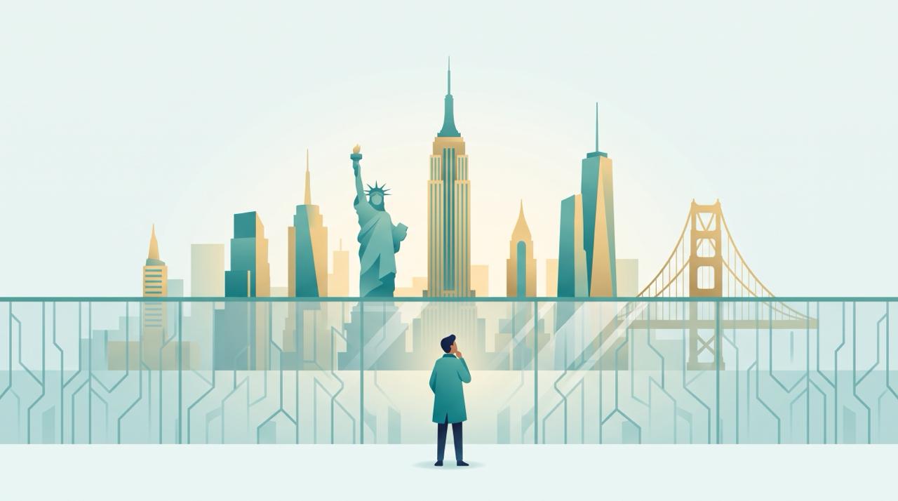 Editorial illustration of a stylized US landmark skyline behind a semi-transparent barrier or gate, with a small figure standing thoughtfully before it