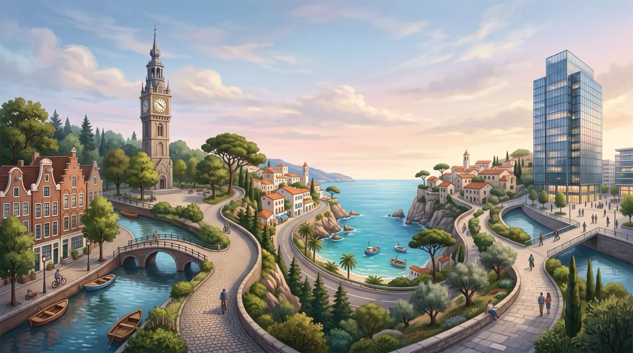 realistice depict of stylized European montage blending recognizable but generic landmarks (a clock tower, canal houses, a Mediterranean coastline, a modern office tower)