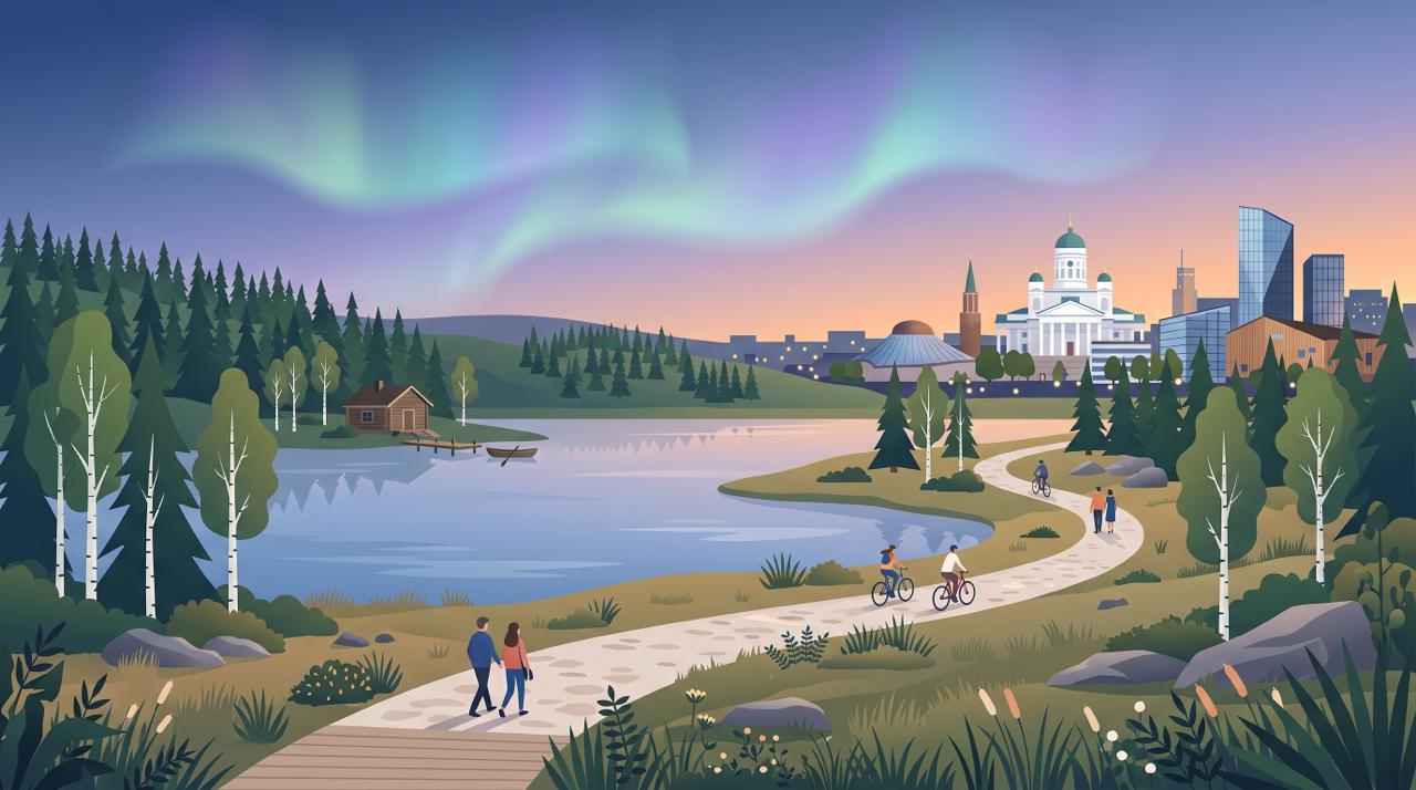 realistice depict of a stylized Finnish scene blending a clean modern Helsinki skyline