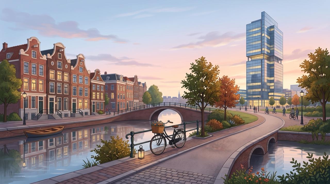 realistice depict of a stylized Dutch scene blending canal houses, a bicycle, and a modern glass office tower